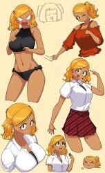 bare_shoulders big_breasts bikini blonde_hair blush blushed dark-skinned_female dark_skin deterioration_(artist) gyaru komi-san_wa_komyushou_desu looking_annoyed looking_at_viewer manbagi_rumiko school_uniform schoolgirl schoolgirl_uniform skirt sweat sweating swimsuit