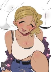 big_breasts blonde_hair blush closed_eyes clothed clothes clothing dark-skinned_female dark_skin fishing_(artist) gyaru huge_breasts komi-san_wa_komyushou_desu manbagi_rumiko open_mouth smiling sweat sweatdrop sweating