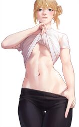 1girls biting_lip blonde_hair blue_eyes cocoro_moto looking_at_viewer looking_down_at_viewer navel shirt solo standing teasing undressing white_background