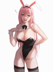 1girls bunny_ears bunny_girl bunnysuit cleavage cocoro_moto green_eyes hand_on_hip large_breasts long_hair looking_at_viewer pink_hair solo standing translation_request white_background