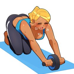 big_breasts blonde_hair blush closed_eyes dark-skinned_female dark_skin deterioration_(artist) excercise gyaru komi-san_wa_komyushou_desu manbagi_rumiko sports_bra sweat sweatdrop sweating sweaty white_background