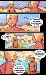 anum_grace big_breasts bikini black_bikini blonde_hair boat brown_eyes choker comic comic_page daughter father father_and_daughter holland_earth_stories_(series) ivy_grace lake muscular_male oasis_girl sabino_69_stories spanish_text water wet_body