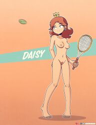 1girls barefoot blue_eyes breasts brown_hair casual_nudity crown earrings kt-draws mario_(series) mario_tennis nintendo nipples nude nude_female princess princess_daisy pubic_hair pussy raised_eyebrow simple_background smirk solo solo_female tennis_ball tennis_racket toes