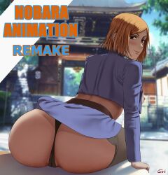 ass ass_focus black_thong breasts bubble_butt butt_focus dress embarrassed female female_focus female_only garterhose ginger ginger_hair jujutsu_kaisen kugisaki_nobara nipples orange_eyes panties skirt skirt_lift stockings sunfanart thong upskirt