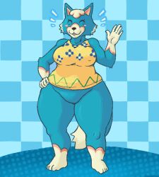 animal_crossing blue_fur bottomless breasts featureless_crotch female fur hand_on_hip nintendo nipple_bulge signirsol skye_(animal_crossing) thick_thighs video_games wide_hips wolf