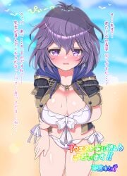 1girls alternate_costume asage_(asgsn) bare_midriff bare_thighs beach bernadetta_von_varley bikini breasts cleavage female female_only fire_emblem fire_emblem:_three_houses garreg_mach_monastery_uniform japanese_text large_breasts looking_at_viewer medium_hair midriff nintendo ocean open_clothes open_mouth outdoors purple_eyes purple_hair smile solo sound_effects sweatdrop swimsuit text thighs translation_request white_bikini white_swimsuit