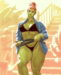 1girls bathrobe bikini crom dinerforwolves fangs female female_only green_skin looking_at_viewer muscular muscular_female muscular_thighs orange_eyes orange_hair orc orc_female solo solo_female thick_thighs tied_hair