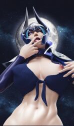 1girls 3d abs barbell_piercing big_breasts blender_(software) blue_hair cleavage clothing dota dota_2 female female_only grvty3d helmet leather licking light-skinned_female light_skin looking_at_viewer looking_down luna_(dota) moon muscles muscular nipple_piercing nipples pinup purple_eyes shiny_skin skimpy_clothes sleeves solo stars sweat teasing toned toned_body toned_female tongue tongue_out valve wink