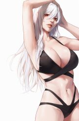 1girls armpits arms_up cleavage cocoro_moto large_breasts lips long_hair looking_at_viewer red_eyes swimsuit white_background white_hair