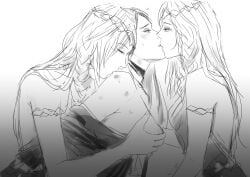 3girls barbozari couple elden_ring female female_only from_behind fromsoftware groping groping_breasts groping_from_behind kissing kissing_neck queen_marika_the_eternal rennala_queen_of_the_full_moon sketch yuri