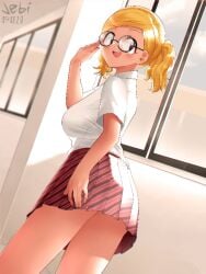 big_breasts blonde_hair clothed clothes clothing dark-skinned_female dark_skin glasses grabbing_object gyaru jebi komi-san_wa_komyushou_desu looking_back manbagi_rumiko no_bra school_uniform schoolgirl schoolgirl_uniform skirt skirt_lift upskirt window