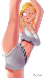 1girls armpits arms_up big_breasts blonde_hair clothed clothes clothing dark-skinned_female dark_skin grabbing_leg gyaru jebi komi-san_wa_komyushou_desu manbagi_rumiko one_eye_closed solo solo_female sports_bra stretching