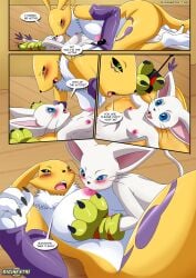 big_breasts comic dialogue digihentai digimon digimon_(species) digimon_adventure digimon_tamers dirty_gamers female gatomon kissing lesbian palcomix renamon size_difference small_breasts sucking sucking_nipples