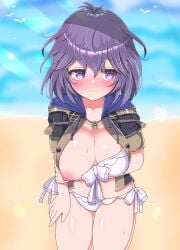 1girls alternate_costume asage_(asgsn) bare_midriff bare_thighs beach bernadetta_von_varley bikini blush breasts breasts_out cleavage embarrassed female female_only fire_emblem fire_emblem:_three_houses flashing_breasts garreg_mach_monastery_uniform heavy_blush large_breasts looking_away medium_hair midriff nintendo nipples ocean one_breast_out open_clothes outdoors purple_eyes purple_hair smile solo sweatdrop swimsuit thighs white_bikini white_swimsuit