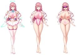 1girls before_and_after big_breasts blue_eyes brainwashing completely_nude drooling halo leotard magical_girl mind_control open_mouth original pink_hair pubic_tattoo satou_kuuki stockings tight_clothing