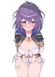 1girls alternate_costume asage_(asgsn) bare_midriff bare_thighs bernadetta_von_varley bikini breasts cleavage female female_only fire_emblem fire_emblem:_three_houses garreg_mach_monastery_uniform large_breasts looking_at_viewer medium_hair midriff nintendo open_clothes open_mouth purple_eyes purple_hair smile solo sweatdrop swimsuit thighs white_background white_bikini white_swimsuit