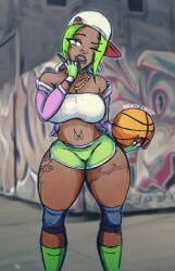 basketball biggy_deez cap choker dark-skinned_female dark_skin deez_(biggy_deez) female green_eyes green_hair necklace short_shorts solo tattoo thick_thighs