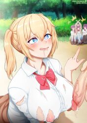 1boy 4girls :q after_ejaculation amatani_mutsu blonde_hair blue_eyes blurry blurry_background bow bowtie breasts button_gap closed_mouth cum_in_mouth day fingernails heart heart-shaped_pupils huge_breasts kneeling kujou_shion looking_at_another multiple_girls neocoill nipples onishima_homare open_mouth oral_invitation outdoors penis pointing_at_another red_bow red_bowtie school_uniform shirt skirt solo_focus sounan_desuka? suzumori_asuka symbol-shaped_pupils tongue tongue_out torn_clothes torn_shirt tree twintails