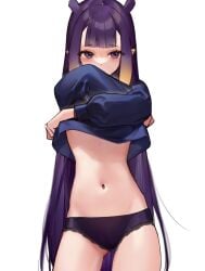 1girls 2d 2d_(artwork) bare_legs bare_midriff bare_thighs belly belly_button elf_ears female female_focus female_only front_view hi_res hololive hololive_english hololive_myth long_sleeves looking_at_viewer midriff ninomae_ina'nis no_pants orange_hair panties pointy_ears purple_eyes purple_hair purple_panties raised_shirt shirt slim_waist smilesmile1312 solo solo_female solo_focus toned toned_female very_long_hair virtual_youtuber