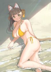 absurdres animal_ears arukiru bangs beach bikini blunt_bangs breasts brown_hair cat_ears cat_girl cat_tail closed_mouth collarbone commentary_request eyebrows_visible_through_hair female hair_ribbon highres large_breasts long_hair looking_at_viewer lying on_side original ribbon sand side-tie_bikini smile swimsuit tail water wet yellow_eyes yellow_ribbon