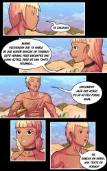 anum_grace big_breasts bikini black_bikini blonde_hair boat brown_eyes choker comic comic_page holland_earth_stories_(series) ivy_grace lake muscular_male oasis_girl sabino_69_stories scar spanish_text wet_body