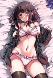 amber_eyes belly_button black_jacket black_stockings blush cameltoe dark_brown_hair in_bed laying_down laying_on_back laying_on_bed looking_at_viewer medium_breasts menhera_chan_(nanase_kurumi) menhera_shoujo_kurumi-chan neutral_expression pale-skinned_female pale_skin partially_clothed pink_bra pink_lingerie pink_panties sak_(lemondisk) small_breasts sweat thigh_highs vagina_visible_through_clothing white_sheets wrinkles_in_clothes