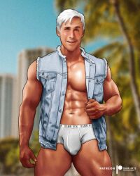 1boy actor barbie_(2023) barbie_(franchise) bulge celebrity damnarts grey_underwear in_character ken_carson looking_at_viewer male male_only mattel muscles muscular muscular_male open_shirt penis_outline ryan_gosling solo thick_thighs underwear