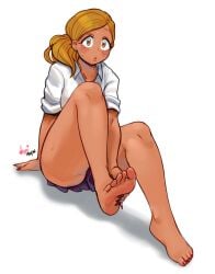 1girls barefoot blonde_hair blush clothed clothed_female clothing dark-skinned_female dark_skin feet grabbing_feet gyaru komi-san_wa_komyushou_desu long_fingernails looking_at_viewer manbagi_rumiko nagainosfw school_uniform schoolgirl schoolgirl_uniform skirt soles solo solo_female toes