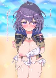 1girls alternate_costume asage_(asgsn) bare_midriff bare_thighs beach bernadetta_von_varley bikini blush breast_squeeze breasts breasts_out cleavage embarrassed female female_only fire_emblem fire_emblem:_three_houses flashing flashing_breasts garreg_mach_monastery_uniform heavy_blush japanese_text large_breasts looking_away medium_hair midriff nintendo nipples ocean one_breast_out open_clothes outdoors purple_eyes purple_hair smile solo sweatdrop swimsuit text thighs translation_request white_bikini white_swimsuit