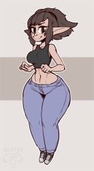 big_eyes big_head big_smile black_topwear bottom_heavy brown_eyes brown_hair curvy elf female footwear front_view full_body grey_background hairband jeans looking_at_viewer love_handles lowleg lowleg_pants midriff navel navel_line oblique_edge outline pointy_ears small_feet smile smiling sneakers solo stomach_lines tight_jeans vertical_navel wasp_waist wide_hips wild_elf wood_elf yelftea