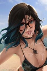 beach bikini black_hair blue_eyes blue_hair choker cum cum_in_mouth cum_on_breasts cum_on_face cum_on_glasses cum_on_upper_body eye_contact glasses gradient_hair kopianget licking licking_cum licking_lips looking_at_viewer multicolored_hair necklace shelby_seraphine tongue tongue_out