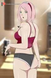 1girls after_exercise agung911 ass ass_grab breasts female female_only from_behind grabbing_own_ass green_eyes gym indoors long_hair looking_at_viewer looking_back naruto naruto:_the_last naruto_(series) naruto_shippuden pink_hair sakura_haruno sideboob solo solo_focus sweat sweatdrop sweating sweaty sweaty_body workout_clothes