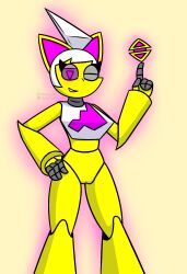 bottomless cube geometry_dash pink_eyes robot robot_girl topwear triangle_eyes trianna_(yellolight) white_hair winking_at_viewer yellolight