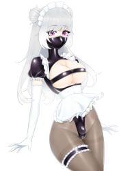 1boy 1male 2022 breast_forms bulge bulge_through_clothing crossdressing facemask fake_breasts femboy feminine_male feminization forced_feminization jesscatg latex latex_face_mask latex_mask maid mask purple_eyes white_gloves white_hair