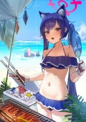 abydos_high_school_student beach bellybutton bikini blue_archive cat_ears dongji fan female food foreclosure_task_force_(blue_archive) frilled_bikini frilled_bra frilled_panties gloves grilling halo hoshino_(blue_archive) hoshino_(swimsuit)_(blue_archive) long_hair purple_hair red_eyes serika_(blue_archive) serika_(swimsuit)_(blue_archive) small_breasts sweat tied_hair