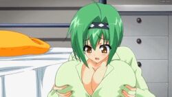 1girls aiba_matsuri animated animated_gif big_breasts breast_reduction breast_shrinking breasts_getting_smaller gif green_hair huge_breasts nihikime_no_dozeu_(company) oppai oppai_heart_~kanojo_wa_kedamono_hatsujouki!?~ screenshot solo_female