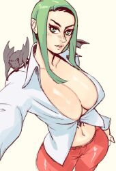 1girls animal bat cleavage crom dinerforwolves green_eyes green_hair large_breasts long_hair looking_at_viewer shirt sketch white_background