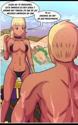 big_breasts bikini black_bikini blonde_hair boat brown_eyes choker comic comic_page holland_earth_stories_(series) lake muscular_male oasis_girl sabino_69_stories scar spanish_text water