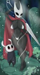 absurd_res anthro areola areola_slip arthropod big_breasts bikini bikini_bottom bikini_top blush breasts cloak clothing detailed_background duo female fraydragon grass hi_res hollow_knight hornet_(hollow_knight) looking_at_viewer particles plant protagonist_(hollow_knight) stone_floor swimsuit swimwear team_cherry vessel_(species) video_games white_bikini white_clothing white_swimwear wide_hips