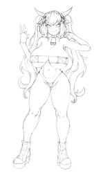 big_breasts bikini blush cowprint ear_tag eyepatch_bikini horns makinakid micro_bikini monochrome romolla shoes sketch tagme virtual_youtuber wreath