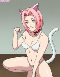 1girls animal_ears barefoot bra breasts cat_ears cat_girl cat_pose cat_tail choker darkuro_27 fake_animal_ears fake_tail female female_only green_eyes hair_ornament jingle_bell kneeling looking_at_viewer midriff naruto naruto_(series) naruto_shippuden panties pink_hair sakura_haruno solo solo_focus spread_legs squatting strap_pull underwear