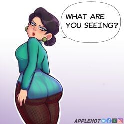 1girls alternate_version_available applehot artist_name ass big_ass big_bottom big_breasts english english_text female female_only looking_back milf ming_lee panties pantyhose rear_view solo speech_bubble thick_thighs turning_red