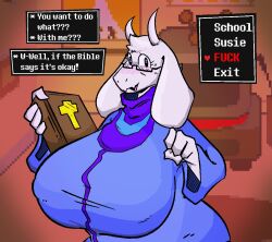 anthro bible big_breasts blush book boss_monster bovid breasts caprine clothed clothing deltarune dialogue english_text exclamation_point eyewear female floppy_ears glasses goat hi_res holding_book holding_object horn huge_breasts large_breasts looking_at_viewer mammal milf nipple_outline profanity qoolguyart question_mark solo straight_hair sweater television text topwear toriel undertale_(series) video_games white_body