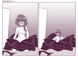 2girls breasts comic comic_page dialogue english english_dialogue female female_only huge_breasts inksgirls micro_female monochrome original original_character page_24 short_hair shrinking shrunk shrunken_woman yuri