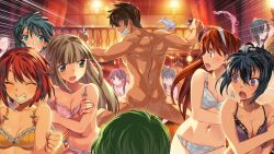 1boy 6+girls :o ^_^ black_hair blue_eyes blue_hair blush bra braid breasts brown_eyes brown_hair character_request cleavage closed_eyes collarbone completely_nude covering covering_breasts floating_hair game_cg glasses green_hair grin indoors long_hair looking_back medium_breasts multiple_girls nude off_shoulder orion_(orionproject) panties pink_bra pink_panties purple_bra purple_eyes rance rance_(series) rance_10 red_hair shiny shiny_hair short_hair smile sweatdrop twin_braids underwear underwear_only very_long_hair white_bra white_panties yellow_bra