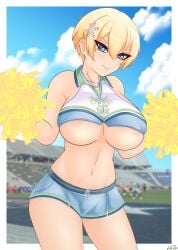 areola_slip big_breasts blonde_hair blue_eyes cheerleader cheerleader_uniform exposed_torso girls'_frontline hair_ornament large_breasts midriff mole_under_eye no_bra underboob vsk-94_(girls_frontline) xxpulp