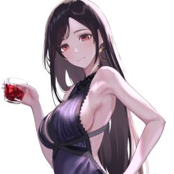 1girls armpit big_breasts black_hair breasts dress earrings female female_only final_fantasy final_fantasy_vii fully_clothed long_hair solo tifa_lockhart tooku wine wine_glass