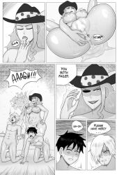 1girls 2boys after_anal after_vaginal anus ass black_and_white charlotte_linlin cum cum_in_ass cum_in_pussy cum_leaking female ifnlew larger_female lipstick male mature_female mmf_threesome monkey_d_luffy monochrome one_piece penis sanji soru_soru_no_mi straight text threesome young_big_mom