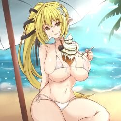 1girls beach between_breasts bikini blonde_hair breasts covered_nipples elf elsword female highres ice_cream large_breasts long_hair looking_at_viewer navel ocean open_mouth outdoors pointy_ears ponytail rena_(elsword) sand side-tie_bikini sitting smile solo swimsuit umbrella water white_bikini yellow_eyes zone25388591