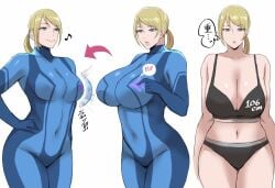 big_breasts bodysuit breast_deflation breast_reduction breast_shrinking breasts breasts_getting_smaller female huge_breasts metric_units metroid nintendo samus_aran shibusun small_breasts tagme text tomboy white_background zero_suit zero_suit_samus